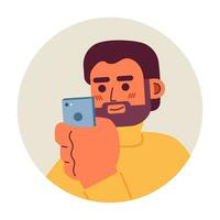 Bearded caucasian man looking at phone 2D vector avatar illustration. Holding mobile beard european adult male cartoon character face. Social media user flat color user profile image isolated on white