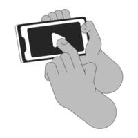 Pressing playing on mobile phone cartoon human hands outline illustration. Clicking play on smartphone 2D isolated black and white vector image. Watch video online flat monochromatic drawing clip art