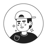 Backwards baseball cap latino guy winking smiling black and white 2D vector avatar illustration. College student sparkling outline cartoon character face isolated. Flirty guy flat user profile image