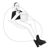 Beanbag woman holding popcorn bucket black and white 2D line cartoon character. Caucasian girl relaxing on sag bag isolated vector outline person. Movie at home monochromatic flat spot illustration
