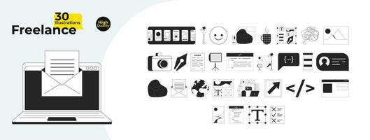 Freelance services black and white 2D line cartoon objects bundle. Programming, web designing, photographing isolated vector outline items pack. Monochromatic flat spot illustration collection