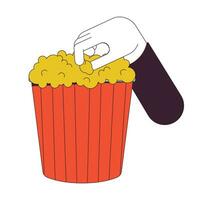 Grabbing popcorn out bucket linear cartoon character hand illustration. Taking popcorn from box striped square outline 2D vector image, white background. Eating fastfood editable flat color clipart