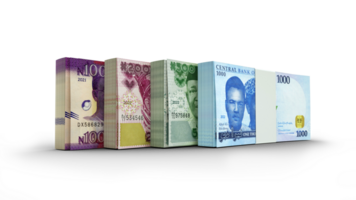 3d renderen van stapels van Nigeriaans naira aantekeningen in divers denominaties. bundels van valuta aantekeningen geïsoleerd Aan transparant achtergrond png