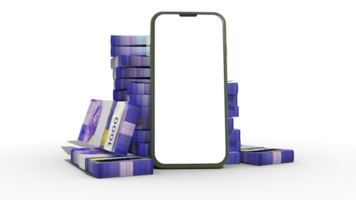 3d representación de un móvil teléfono con blanco pantalla y pilas de suizo franco notas detrás aislado en transparente antecedentes. png