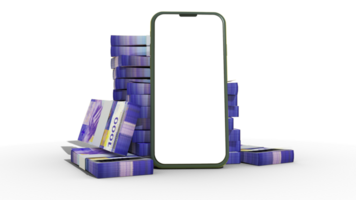 3D rendering of a mobile phone with  blank screen and stacks of Swiss Franc notes behind isolated on transparent background. png