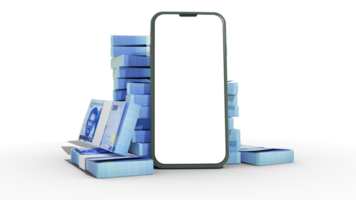 3D rendering of a mobile phone with blank screen in front of stacks of 1000 Nigerian Naira notes isolated on transparent background. png