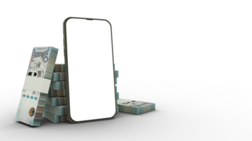 3d interpretazione di un' mobile Telefono con vuoto schermo e pile di Arabia riyal Appunti dietro a isolato su trasparente sfondo. png