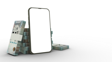 3D rendering of a mobile phone with  blank screen and stacks of Saudi Riyal notes behind isolated on transparent background. png