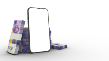 3d interpretazione di un' mobile Telefono con vuoto schermo e pile di svizzero franco Appunti dietro a isolato su trasparente sfondo. png