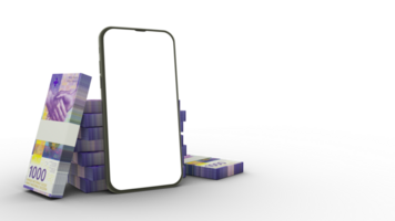 3D rendering of a mobile phone with  blank screen and stacks of Swiss Franc notes behind isolated on transparent background. png