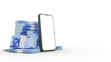 3D rendering of a mobile phone with blank screen in front of stacks of 1000 Nigerian Naira notes isolated on transparent background. png