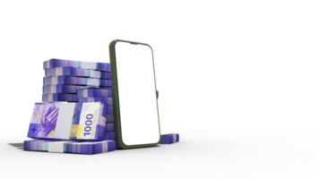 3D rendering of a mobile phone with  blank screen and stacks of Swiss Franc notes behind isolated on transparent background. png