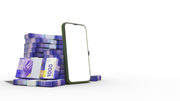 3d tolkning av en mobil telefon med tom skärm och stackar av swiss franc anteckningar Bakom isolerat på transparent bakgrund. png