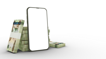 3D rendering of a mobile phone with  blank screen  in front of stacks of United Arab Emirates dirham notes isolated on transparent background. png