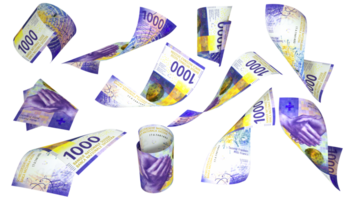 3D rendering of 1000 Swiss franc notes flying in different angles and orientations isolated on transparent background png