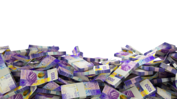 3D rendering of A lot of stacks of 1000 Swiss franc notes spread at the on bottom of screen. 3d rendering png