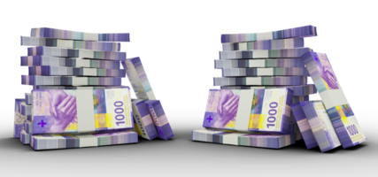 3d tolkning av stackar av 1000 swiss franc anteckningar. buntar av ny swiss valuta anteckningar isolerat på transparent bakgrund png