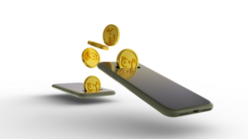 3D rendering of abstract Egyptian pound coins transferring from one phone to another. mobile money transaction concept. money coming out of mobile phone png