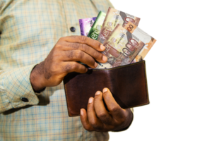 Black person Holding brown wallet With Kenyan shilling notes, hand removing money out of wallet over transparent background removing money from wallet png