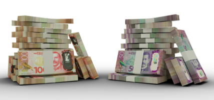 3d Renderização do pilhas do 100 e 50. Novo zelândia dólar notas. Pacotes do Novo zelândia moeda notas isolado em transparente fundo png