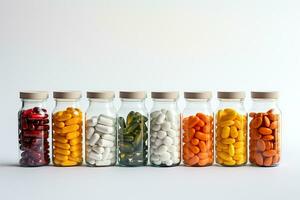 Eight glass jars with different pills, vitamins on a white background. Generated by artificial intelligence photo