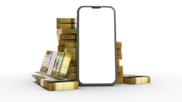 3D rendering of a mobile phone with  blank screen and stacks of Solomon Islands Dollar notes behind isolated on transparent background. png