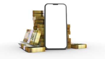 3d le rendu de une mobile téléphone avec Vide écran et piles de Salomon îles dollar Remarques derrière isolé sur transparent Contexte. png