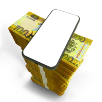 3D rendering of mobile phone with blank screen on top of stacks of Solomon Islands Dollar notes arranged in a long single column png