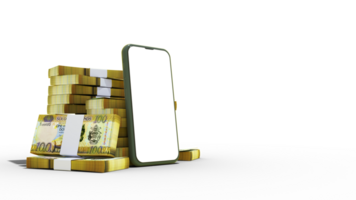 3D rendering of a mobile phone with  blank screen and stacks of Solomon Islands Dollar notes behind isolated on transparent background. png