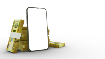 3D rendering of a mobile phone with  blank screen and stacks of Solomon Islands Dollar notes behind isolated on transparent background. png