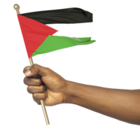 Hand holding Palestinian national flag isolated on transparent background png