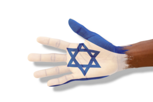 öppnad handflatan målad i israeler flagga färger. hand i måla sträckt och isolerat på transparent bakgrund png