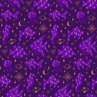 Mystical esoteric flat seamless pattern with fish and stars. Dark theme. Hand drawn sea creatures on purple background. Good for background, wrapping, textile, background, scrapbooking vector