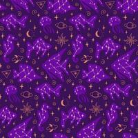 Mystical esoteric flat seamless pattern with fish and stars. Dark theme. Hand drawn sea creatures on purple background. Good for background, wrapping, textile, background, scrapbooking vector