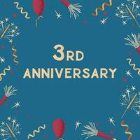 Greeting vector card with text 3rd anniversary. Frame design print with celebrating elements with dotted texture on blue background. Good for social media graphics, background, banner