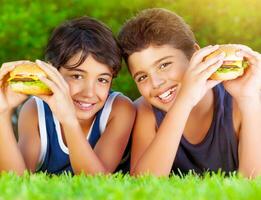 Two boys eating burgers photo