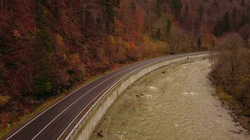 Aerial view of the highway near the river in the autumn mountain forest in the morning. Top view of a curved road on which a car drives through a mountain autumn forest near a river. Autumn video