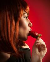Seductive woman eating strawberry photo