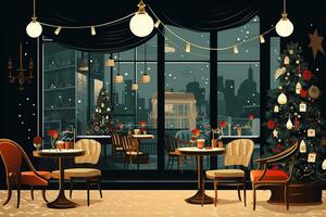 Retro illustration of a stylized New Year's Eve cafe with vintage furniture photo