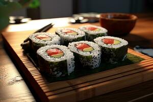 conjunto de Sushi rodar en un bambú estera, destacando el arte de Sushi presentación foto