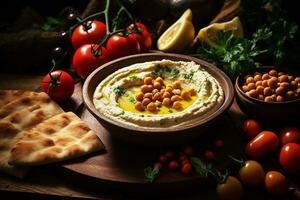 Overhead view of mezze platter of hummus and pita bread surrounded by fresh tomatoes, olives, and vegan tzatziki photo