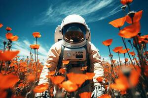 astronauta en alpino prados, en un campo de amapolas foto