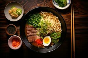 Bowl of traditional Japanese ramen, featuring rich broth, noodles, and assorted toppings, wooden table setting with chopsticks, a spoon photo