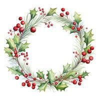 Christmas wreath of red berries and leaves. Watercolor illustration photo