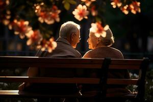 Elderly couple sitting on a bench in park, flowers all around, loneliness photo