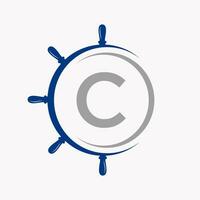 Letter C Ship Logo Concept With Ship Wheel Symbol Vector Template