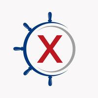 Letter X Ship Logo Concept With Ship Wheel Symbol Vector Template