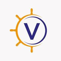 Letter V Ship Logo Concept With Ship Wheel Symbol Vector Template