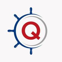 Letter Q Ship Logo Concept With Ship Wheel Symbol Vector Template