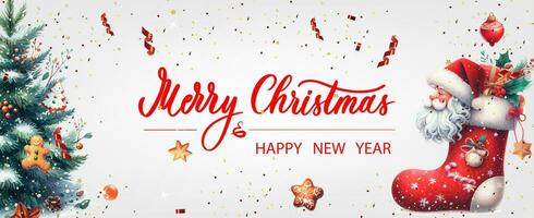 Christmas banner. Xmas background objects viewed from above. Calligraphy text Merry Christmas and Happy New Year. vector